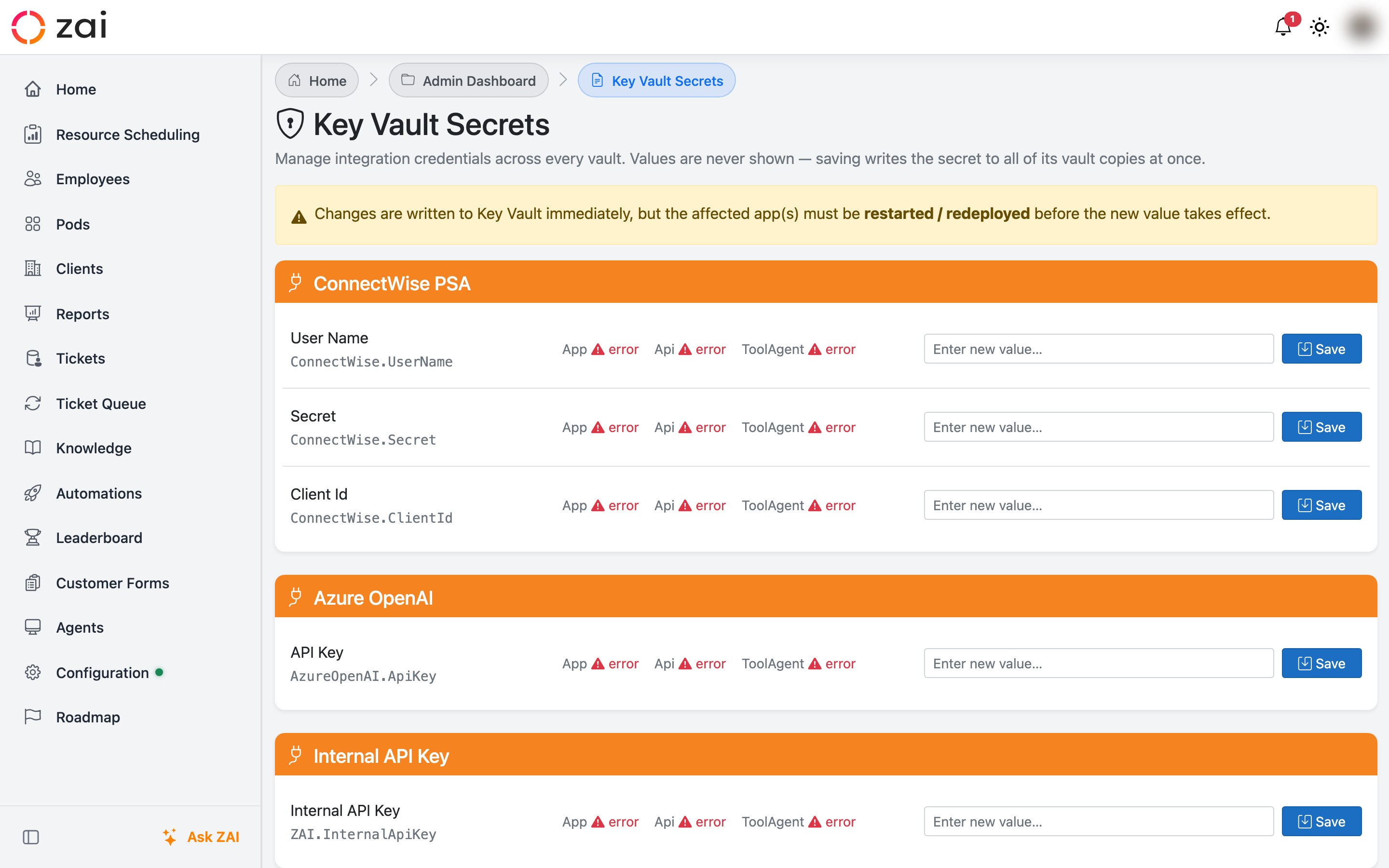 Key Vault Secrets page showing integration groups with drift badges
