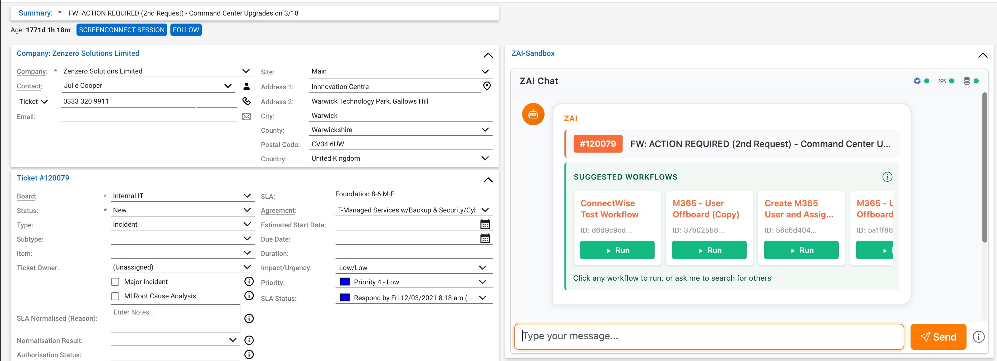 Chat pod in ConnectWise ticket