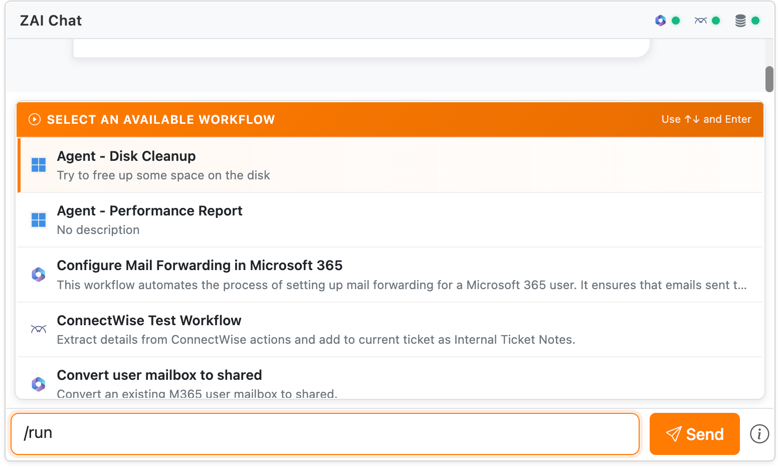 Run menu with workflows