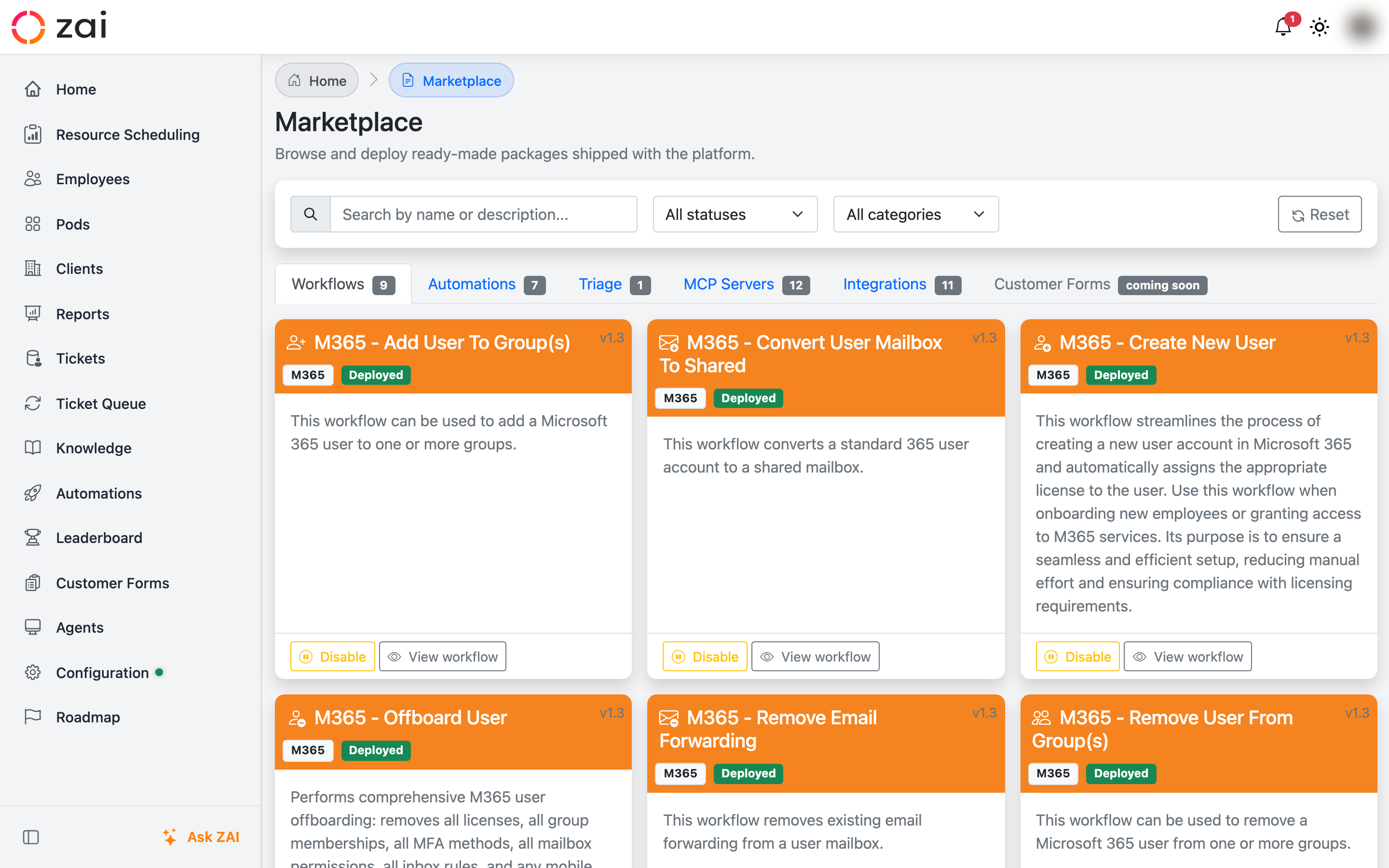 The Marketplace showing the Workflows tab and package cards