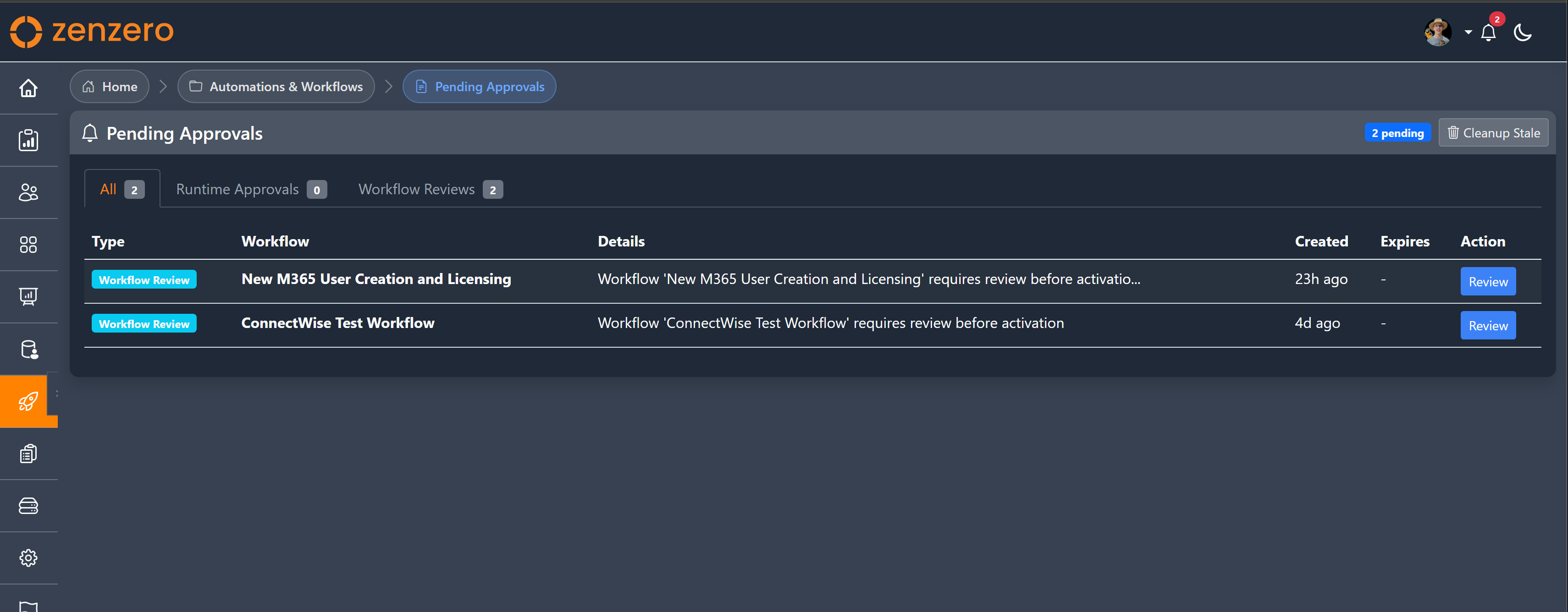 Pending approvals page